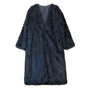 Aixirui Womens Black Faux Fur Coat Large Shaggy Longline Open Front Jacket Lined